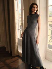 MOTF PREMIUM KNITTED SLEEVELESS RHINESTONE EMBELLISHED SWEATER DRESS - Grey - View 6