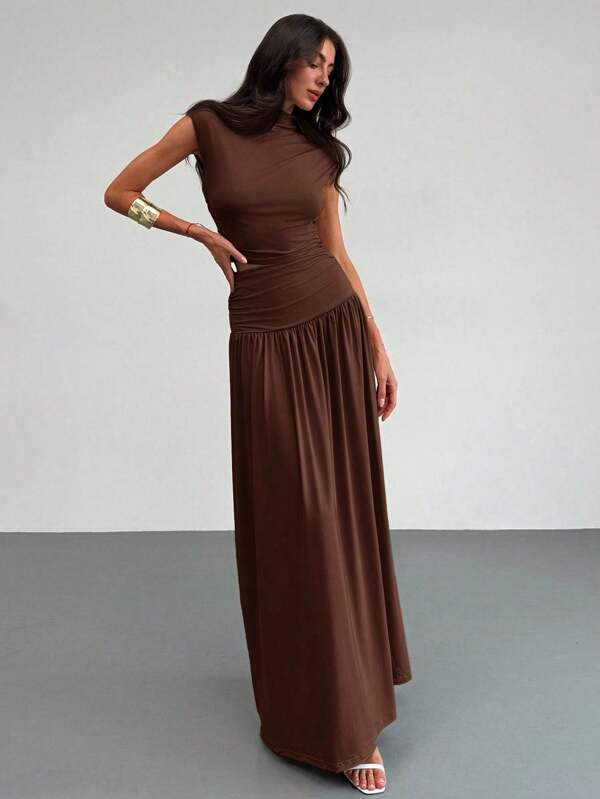 Aloruh New Elegant Stand Collar Pleatered Slim Fit Top And High Waist Skirt 2 Pieces Outfit, Commuting, Outing, Date
