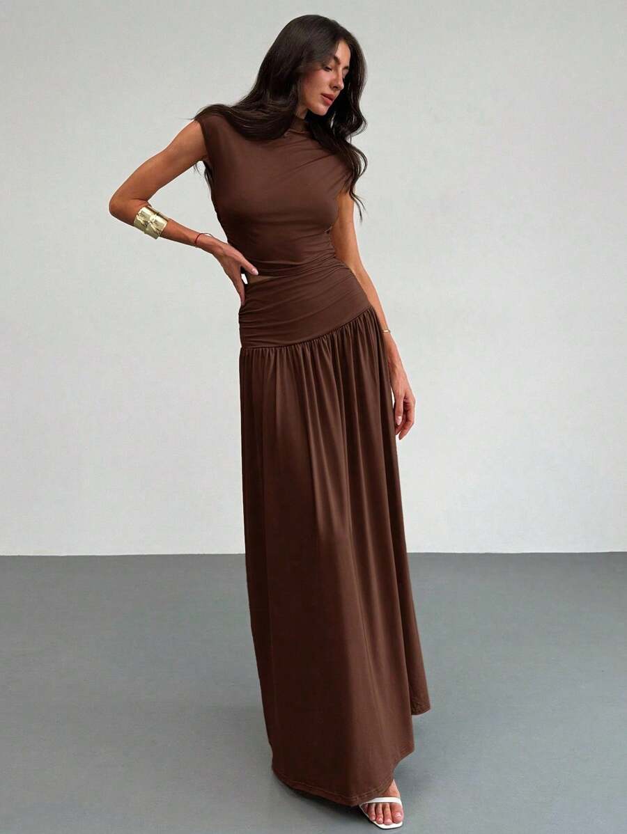 Aloruh New Elegant Stand Collar Pleatered Slim Fit Top And High Waist Skirt 2 Pieces Outfit, Commuting, Outing, Date - Coffee Brown - View 1