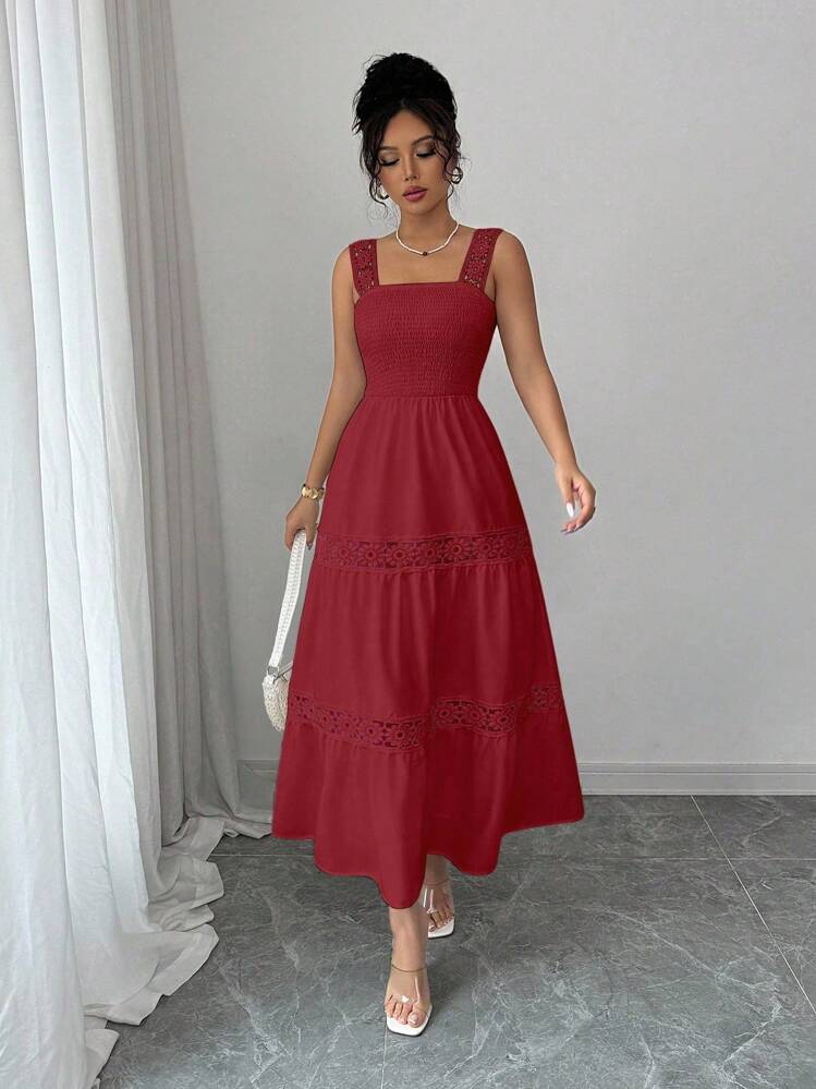 petite a line maxi dress SHEIN Elegant Solid Color Lace Patchwork A-Line Dress, Summer What It Is