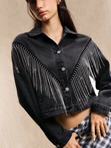 Easelle Women's Denim Jacket, Diamond Tassel Cool Versatile Jacket, Early Autumn Tops And Jackets, Back To School Season, Vintage, Fall Women Clothes, Western Wear Women Fall Clothes Women