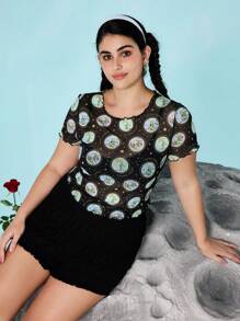 LE PETIT PRINCE X SHEIN 大码女式休闲街头时尚性感全身印花生菜边透视修身上衣，夏季 - 黑色 - 查看 4