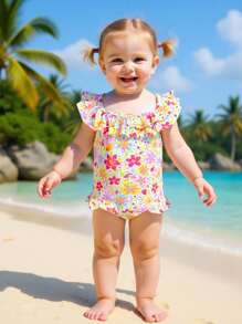 Baby Girl Floral Print Ruffled Hem One-Piece Swimsuit, For Beach Vacation - Multicolor - View 1