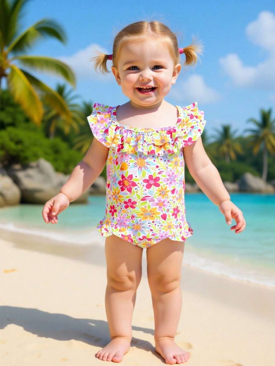Baby Girl Floral Print Ruffled Hem One-Piece Swimsuit, For Beach Vacation - Multicolor - View 1