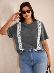 Elaquor Damen Große Größen Lässig Mode Street Spitze Patchwork Kurzarm Washed T-Shirt, Sommer - Grau - Übersicht 1
