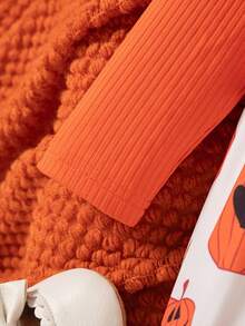 SHEIN 1件装女婴万圣节服装，罗纹面料荷叶边蝴蝶结南瓜印花连体衣，配发带，可爱连体衣，适合秋/春季穿着，万圣节南瓜宝宝套装，适合万圣节派对秋冬季