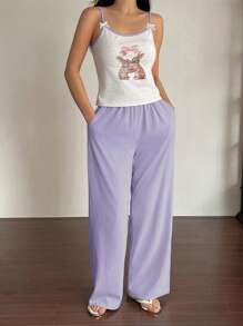DAZY Conjunto de pijama de 3 piezas con top de tirantes, bata y pantalones de unicolor con estampado lindo de conejo en contraste, ropa de otoño e invierno para mujer - Púrpura malva - Ver 5