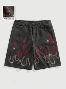 ROMWE MEN Street Life Men's Colorful Diamond Flame Pattern Denim Shorts - Grey - View 1
