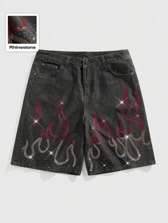 Street Life Herren bunte Diamant Flammen Muster Denim Shorts