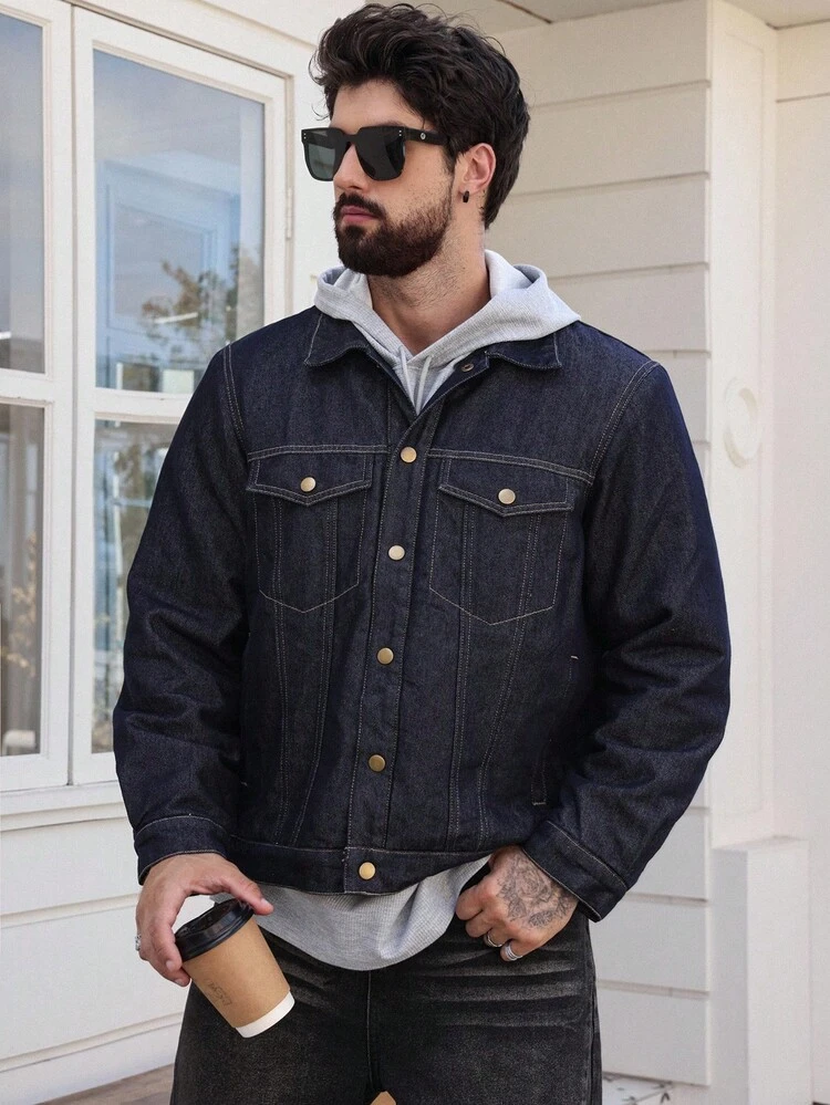 Thick Denim Fabric Winter Insulated Navy Blue Men's Padded Coat Jacket