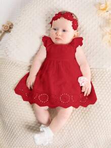 SHEIN Newborn Baby Girl Floral Trim Round Neck Ruffle Waist Dress - Red - View 5
