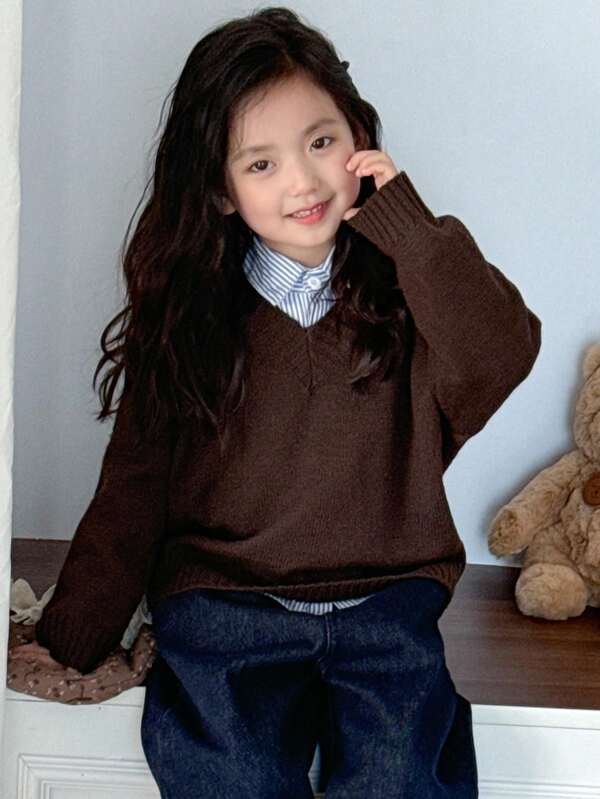 DAZY Suéter casual solto com decote em V para meninas, roupas de outono para meninas