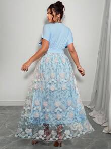 Elenzga Váy xòe chữ A cổ chữ V, chất liệu vải dệt kim mềm mại, thêu 3D nhiều màu, thanh lịch cho kỳ nghỉ, tiệc tùng và tụ họp - Màu xanh lam - Xem 2