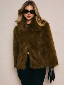 Poéselle 淑女气质合成皮草高端百搭翻领长袖短款外套 - 銅色 - 查看 5