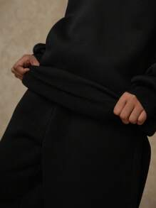 SHEIN Explorewe 2pcs/Set Tween Girls Fashion Black Half Zip Funnel Neck Drop Shoulder Fleece Sweatshirt & Straight Leg Casual Pants, Suitable For Warm, Family Gathering, Travel, School, Outdoor, Daily Casual Wear, Autumn/Winter,ChicAutumn,Halloween, Christmas - Black - View 8