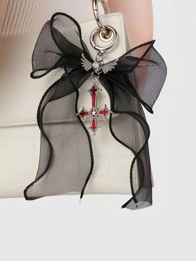 Goth Llavero con dije de bolso con corazón cruzado y lazo de malla con estilo Y2K