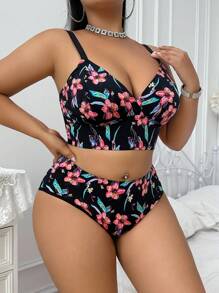 SHEIN 2件大码蕾丝拼接豹纹无钢圈文胸套装 - 彩色 - 查看 3