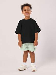 SUMWON 超大华夫格针织短袖T恤男童基本款圆领基本款T恤夏季休闲日常穿着 - 黑色 - 查看 6