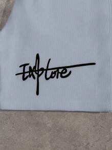 EURMUSE 100%Cotton Men Spring And Summer Casual Texture Fabric Drawstring Waist Short Pants With Hand-Written English Letter Pattern - Baby Blue - View 4