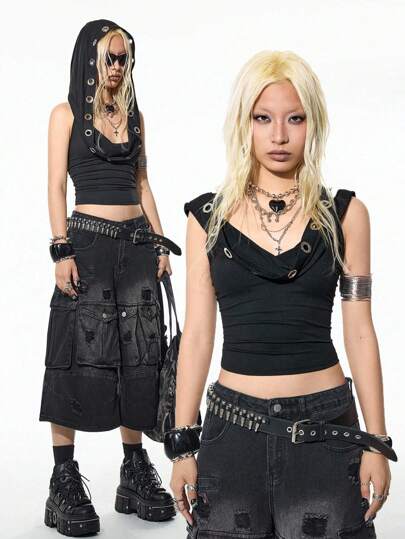 StreetHx 街头服饰女款夏季孔眼装饰无袖连帽背心