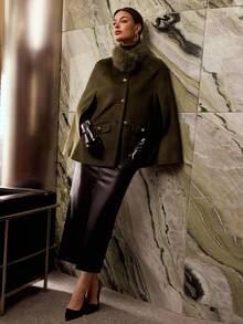 MOTF PREMIUM CONTRAST FAUX FUR BUTTON UP OVERCOAT - Olive Green - View 7