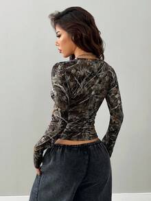 Coolane Women's Fall/Winter Streetwear Going Out Y2K Streetwear Tree Branch Pattern Graphics Bustier Long Sleeve V-Neck T-Shirt - Multicolor - View 2