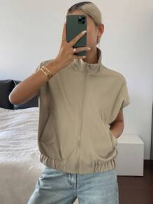 DAZY Women's Sleeveless Casual Stand Collar Zip Up Jacket Thin Outerwear Vest - Khaki - View 3