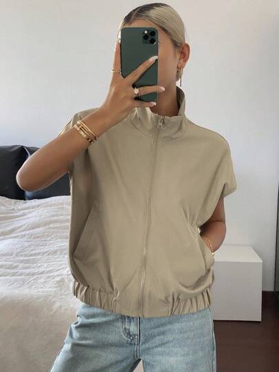 DAZY 女式无袖休闲立领拉链夹克薄款外套背心