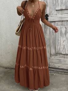 SHEIN EZwear 棕色编织刺绣连衣裙，露背领，女士度假风格 - 棕色 - 查看 4