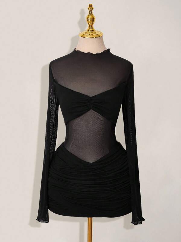 SHEIN ICON Mesh Patchwork Sheer Ruched Long Sleeve Mini Dress