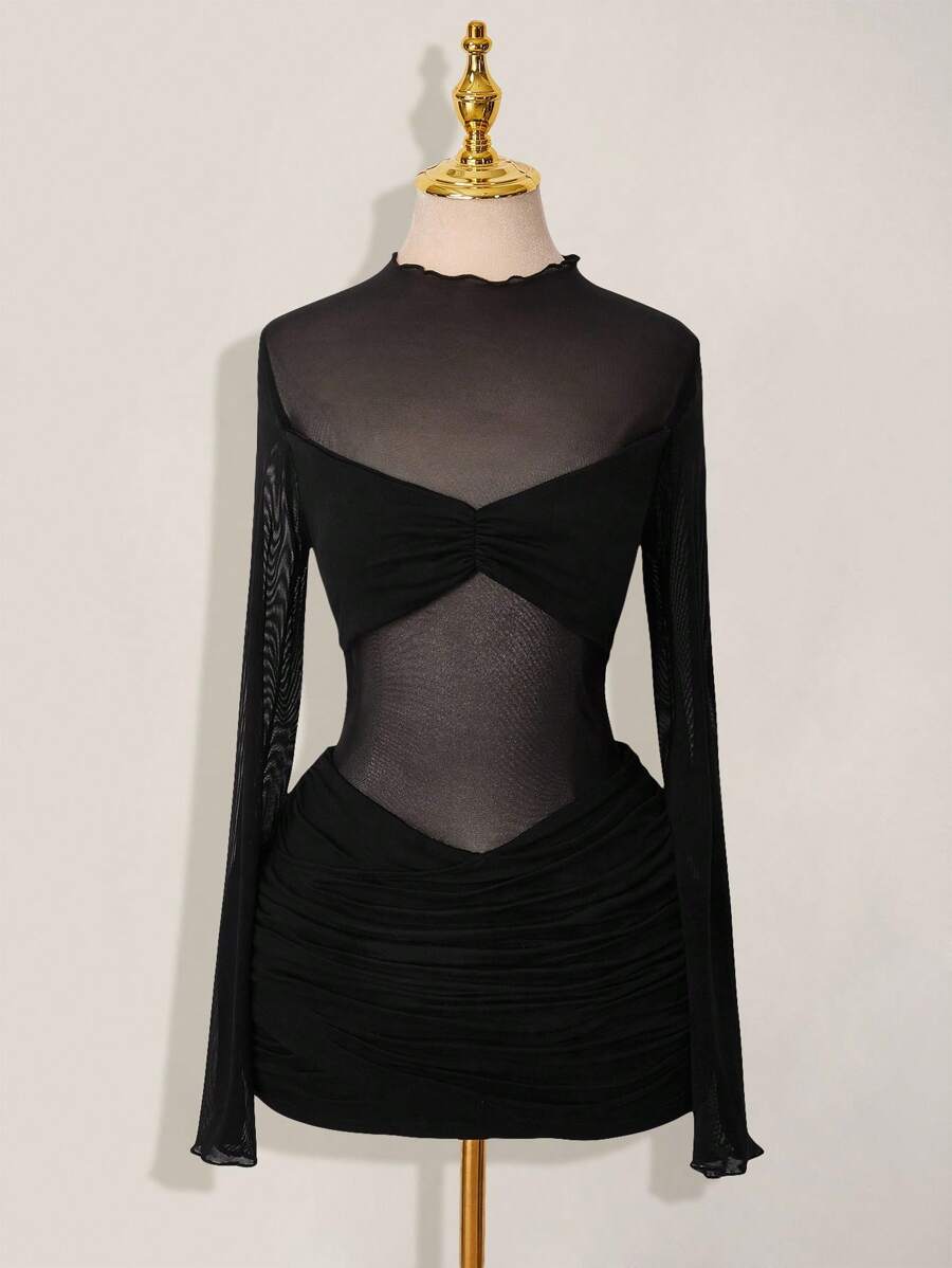SHEIN ICON Mesh Patchwork Sheer Ruched Long Sleeve Mini Dress Black Sheer Dress - Black - View 1