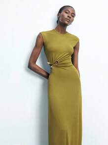 Maija 女式绿色夏季连衣裙，别致纯色竖条纹纹理闪亮面料，腰部褶饰，镂空优雅性感无袖长裙，圣帕特里克节、春假、复活节 - 軍綠色 - 查看 6