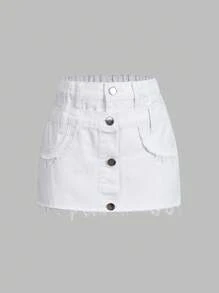 青少年女孩时尚双腰带纽扣设计白色牛仔短裤 - 白色 - 查看 4