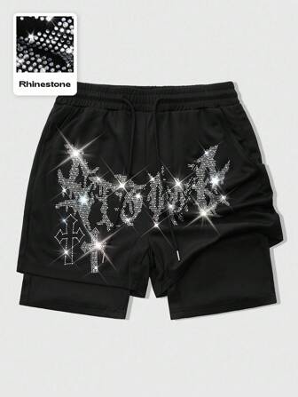 Goth Pantalones cortos 2 en 1 para hombre, moda deportiva casual cómoda con patrón de cruz inglesa con rhinestones