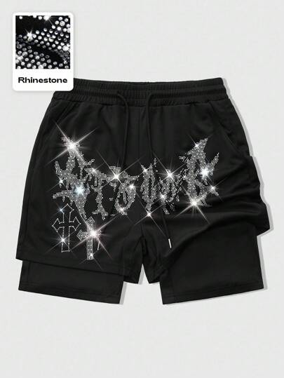 Goth Short 2 en 1 pour hommes, style casual sport confortable avec motif de strass en croix anglaise