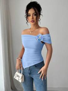 Elenzga Women's Floral 3D Decor Ruched Off Shoulder Asymmetric Hem Fitted T-Shirt - Blue - View 4