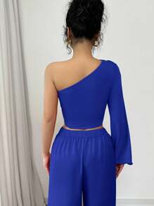 Elenzga Áo croptop nữ dáng ôm thanh lịch, họa tiết hoa đỏ 3D, họa tiết hoa hồng ngày lễ tình nhân, tay áo đèn lồng bất đối xứng, thời trang xuân/hè mới - Xanh đậm - Xem 2