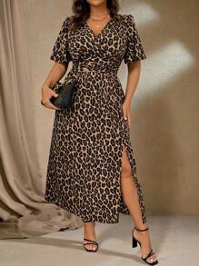 Roveilla Plus Size Women Leopard Print V-Neck Short Puff Sleeve Side Split Hem Fashionable Dress Maxi Women Outfit - Brown - View 5