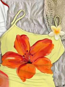SHEIN Ensemble de 3 pièces pour préado filles et hauts de style décontracté en maille avec imprimé floral tropical de cerise, d'orange et d'hibiscus. Collection de vêtements cool pour les sorties en famille, la saison des vacances, le mode plage, les accessoires de vacances, maillots de bain pour enfants
