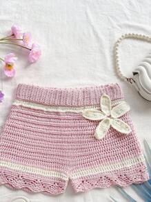 Soleia Pantalones cortos casuales de mujer beige con flores 3D tejidas, adecuados para vacaciones y días festivos de verano