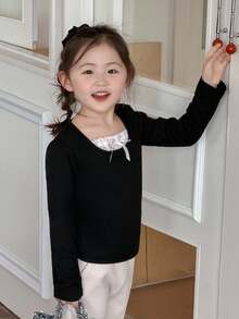 DAZY 年轻女孩蕾丝拼布长袖休闲百搭蝴蝶结装饰T恤 - 黑色 - 查看 5