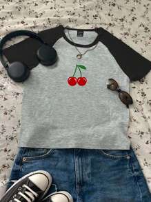 Comfortcana Camiseta de manga corta con cuello redondo, ajustada y acortada, con estampado de cerezas, adecuada para el verano - Multicolor - Ver 5