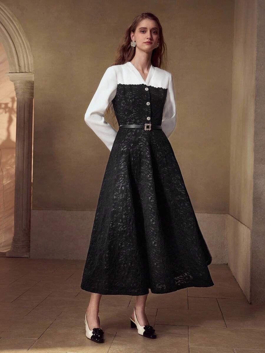 BLACK & WHITE CONTRAST LACE PATCHWORK LONG SLEEVE MIDI DRESS
