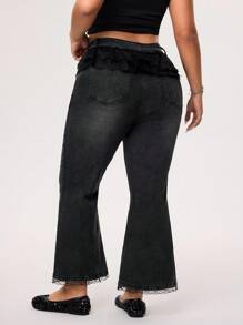 SHEIN ICON Quần jeans denim rách cỡ lớn có viền ren bất đối xứng và ống loe - màu đen - Xem 3