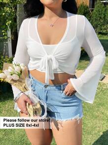 SHEIN EZwear Plus Size Women White Mesh Sheer Flared Sleeve Twist Knot Front Cardigan Winter Fall Autumn - White - View 1