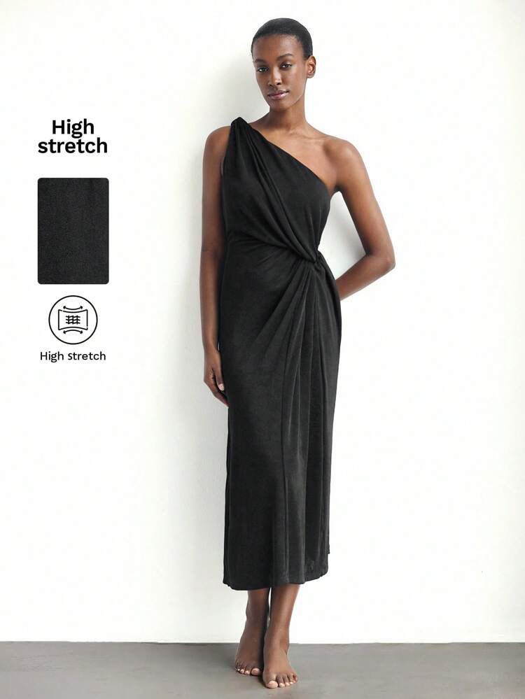 SHEIN Maija Women's Black Summer Solid Color One Shoulder Twist Pleated Slim Fit Slit Elegant Fashion Sexy Holiday Party Maxi Dress Women Dresses Birthday Women Casual Dress Summer Dresses For Women Elegant Dresses For Women,Autumn Outfits For Women , Christmas Women's Clothing Black Dress  Elegant Dresses For Party Elegant Dresses For Party  Black Dress