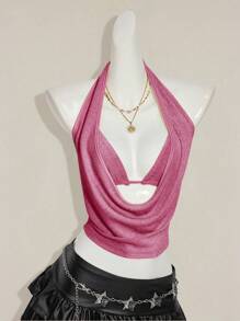 SHEIN ICON 2pcs Summer Going Out Beach Hawaii Party Homecoming Concert Club Glitter Backless Women Tank Tops & Camis Pink Halter Top,Sexy Top