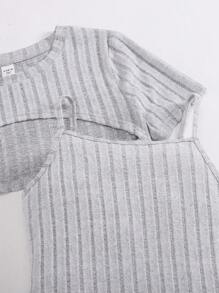 SHEIN 2 件装少女浅灰色罗纹短款上衣和吊带连衣裙休闲套装