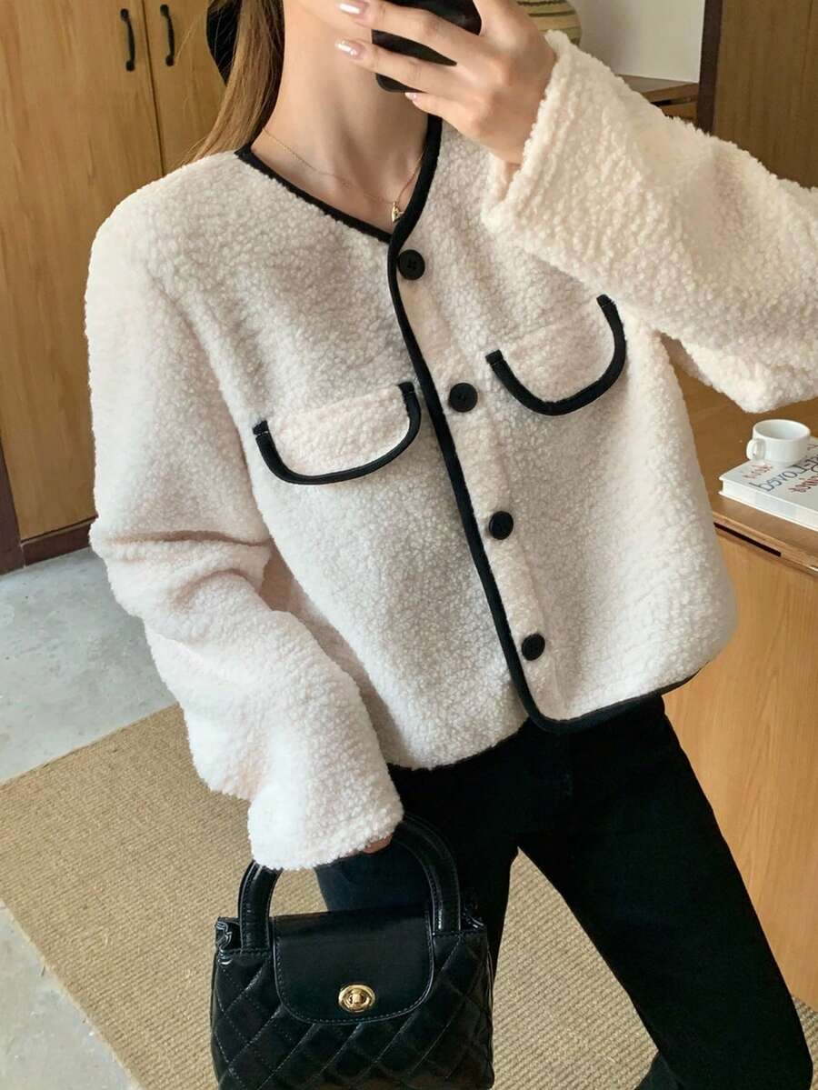 SHEIN 少女撞色纽扣前泰迪羊毛夹克 少女衬衫 夏尔巴夹克 泰迪夹克 短款夹克 圈圈呢夹克 仿皮草夹克 秋冬毛绒夹克 - 杏色 - 查看 1