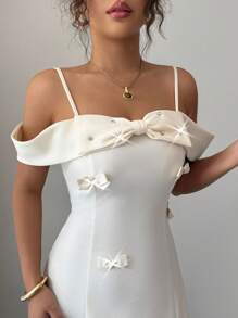 Elenzga 女士优雅蝴蝶结腰修身无袖中长连衣裙，高端大气，百搭减龄 - 杏色 - 查看 5